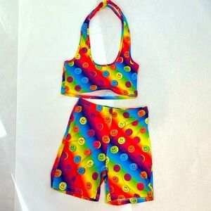 dolls kill rainbow highlighter smiley face 2 piece active set biker shorts & top